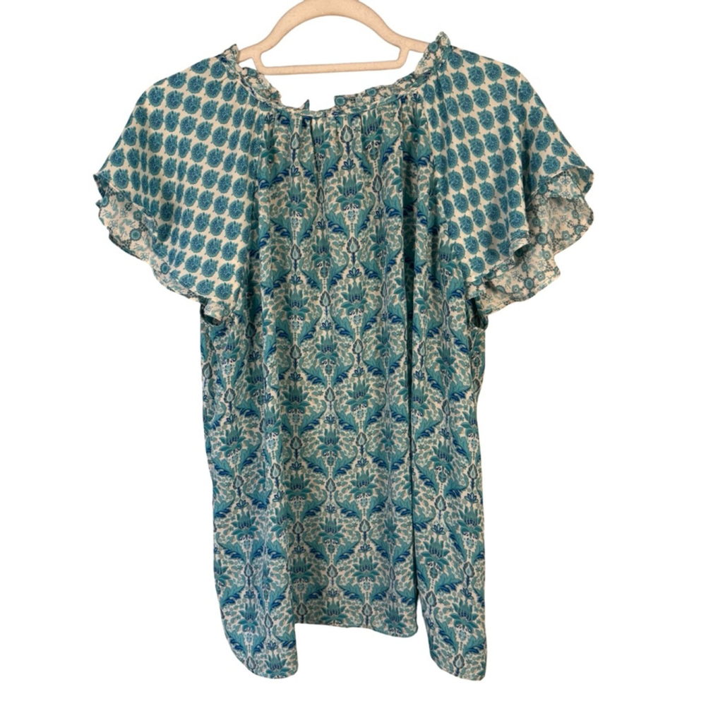 Rose & Olive Blue Floral Blouse Size L Boho Cottagecore Flowy Summer Spring - Picture 3 of 12